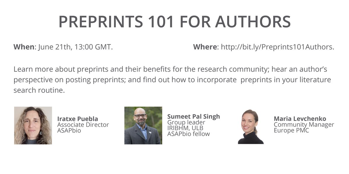 ASAPbio (@asapbio_) on Twitter photo At the webinar ‘Preprints 101 for authors’ <a href="/IratxePuebla/">Iratxe Puebla</a>, ASAPbio Fellow <a href="/sumeetpalsingh8/">Sumeet Pal Singh</a> & Maria Levchenko from <a href="/EuropePMC_news/">Europe PMC</a> will cover how to best post, find, cite and follow #preprints. Join us on June 21, registration: bit.ly/Preprints101au… At the webinar ‘Preprints 101 for authors’ <a href="/IratxePuebla/">Iratxe Puebla</a>, ASAPbio Fellow <a href="/sumeetpalsingh8/">Sumeet Pal Singh</a> & Maria Levchenko from <a href="/EuropePMC_news/">Europe PMC</a> will cover how to best post, find, cite and follow #preprints. Join us on June 21, registration: bit.ly/Preprints101au…