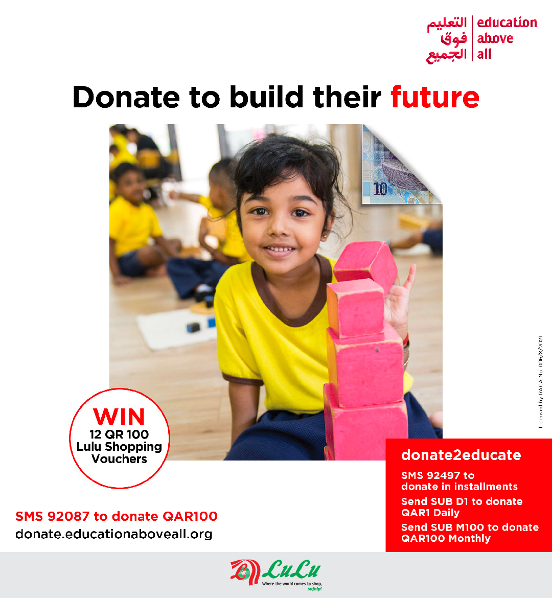 LuLuHyperQA's tweet photo. Support the Education Above All Ramadan Campaign &amp; get a chance to WIN 1 of 12 LuLu shopping vouchers worth QR 100.

1. Follow @EaaDonate
2. Comment the hashtag #EAADonate2Educate
3. Tag @EaaDonate @LuLuHyperQA
4. The prizes won are not transferable and non-redeemable as cash. https://t.co/KUWWycFqOT