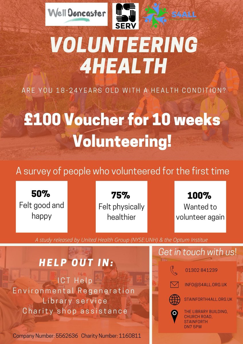 Are you 18-24 with a health condition? or just looking to volunteer? 💪Join Volunteering4Health! 💪
There are many opportunities to help in like SERV , IT support, shop assistance
The best bit? you can receive £100 for 10 weeks of Volunteering. 

Pop in to S4ALL and sign up ✍️