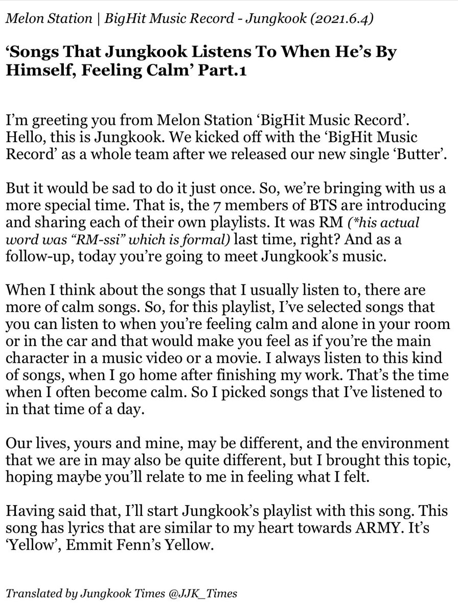Full translation of Jungkook’s Melon Station. My heart fluttered reading the lyrics of ‘Yellow’, the lyrics of which he said resemble his heart towards Army. It feels as if I’m spellbound by the magical imageries in the song &amp; I confess I imagined it in Jungkook’s doing!