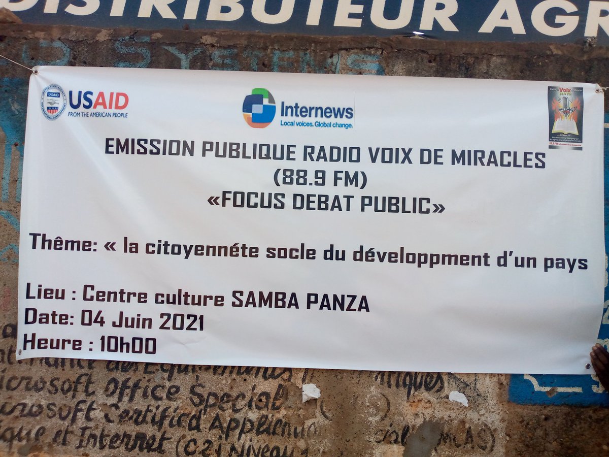 internewsrca's tweet photo. "La citoyenneté socle du développement d'un pays" est le thème  du Focus débat public organisé par la radio Voix de Miracle ce vendredi le 4 mai 2021 au centre culture Samba Panza sur financement d'Internews-rca.
#ProjectConnect#
@batkylucnao @RJDH_RCA @Internews @NgalingboLine https://t.co/y0oLBPDVmR