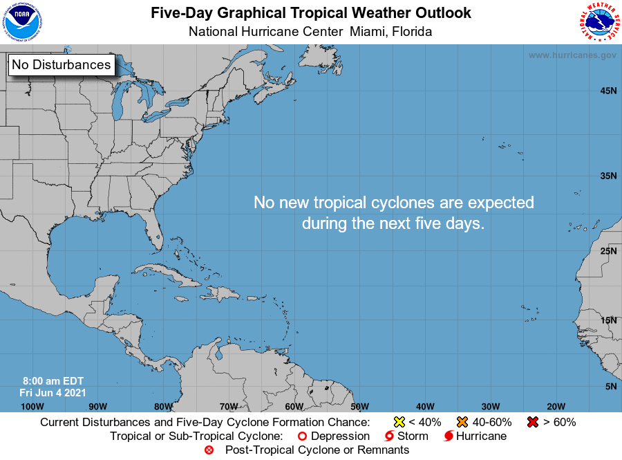 NWSSanJuan's tweet photo. 6/4/2021: Tropical cyclone formation is not expected during the next 5 days. No se espera formación de ciclón tropical durante los próximos 5 días. #prwx #usviwx https://t.co/8cOxs5X1UU