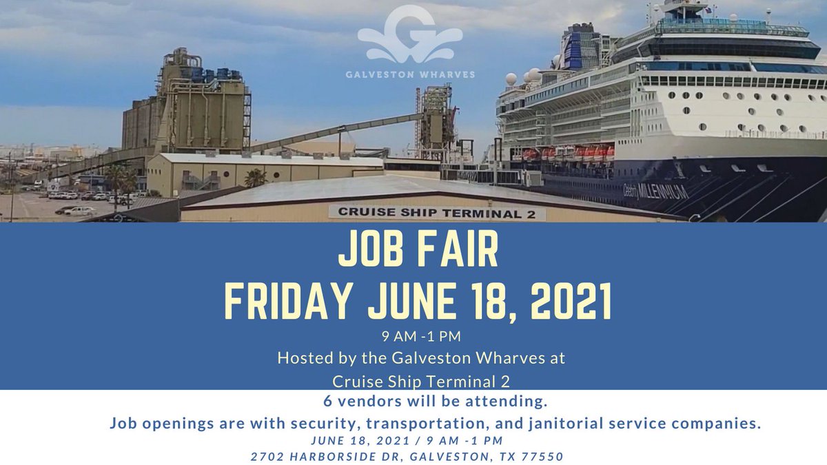PortofGalveston's tweet image. SAVE THE DATE!
The Galveston Wharves is hosting a job fair on Friday June 18, 2021. For more information please contact Brenda Lambright at 409-766-6190.  Interview opportunities will be held at Cruise Ship Terminal 2 from 9 AM – 1 PM.  See you there!