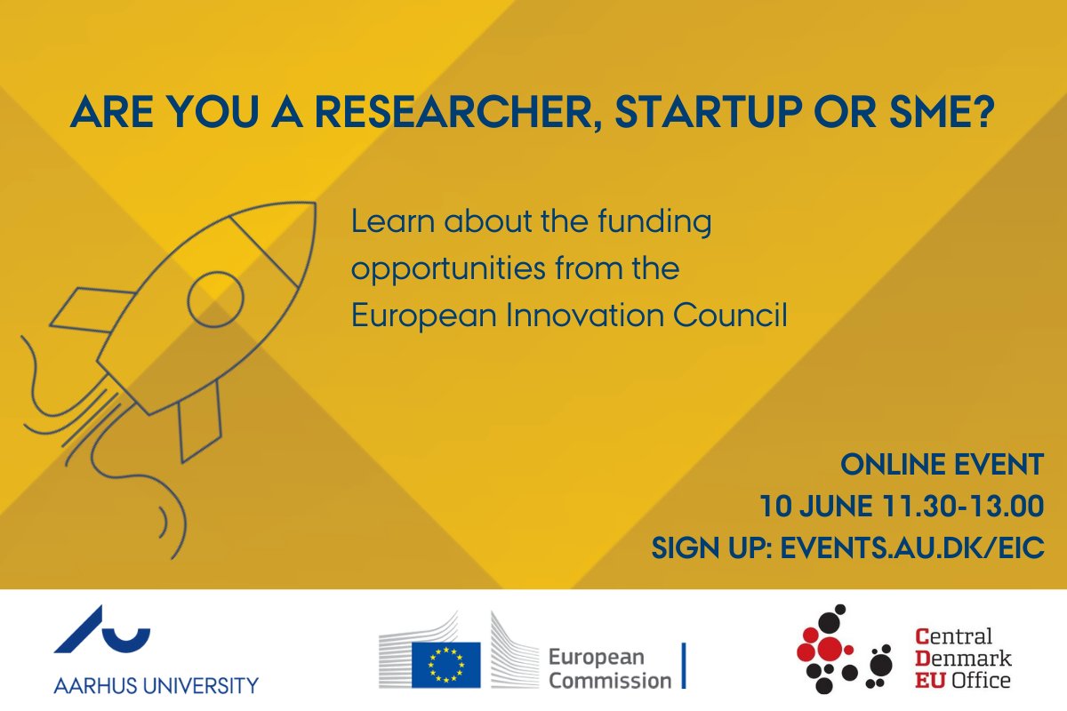 Get first-hand insight into the extraordinary funding opportunities from the European Innovation Council. Join our online event 10 June organised by Aarhus University and the Central Denmark EU Office. Sign up: events.au.dk/eic
<a href="/CentralDenmark/">CDEU</a> <a href="/UFM_MIN/">Uddannelses- og Forskningsministeriet</a> <a href="/EU_Commission/">European Commission</a>