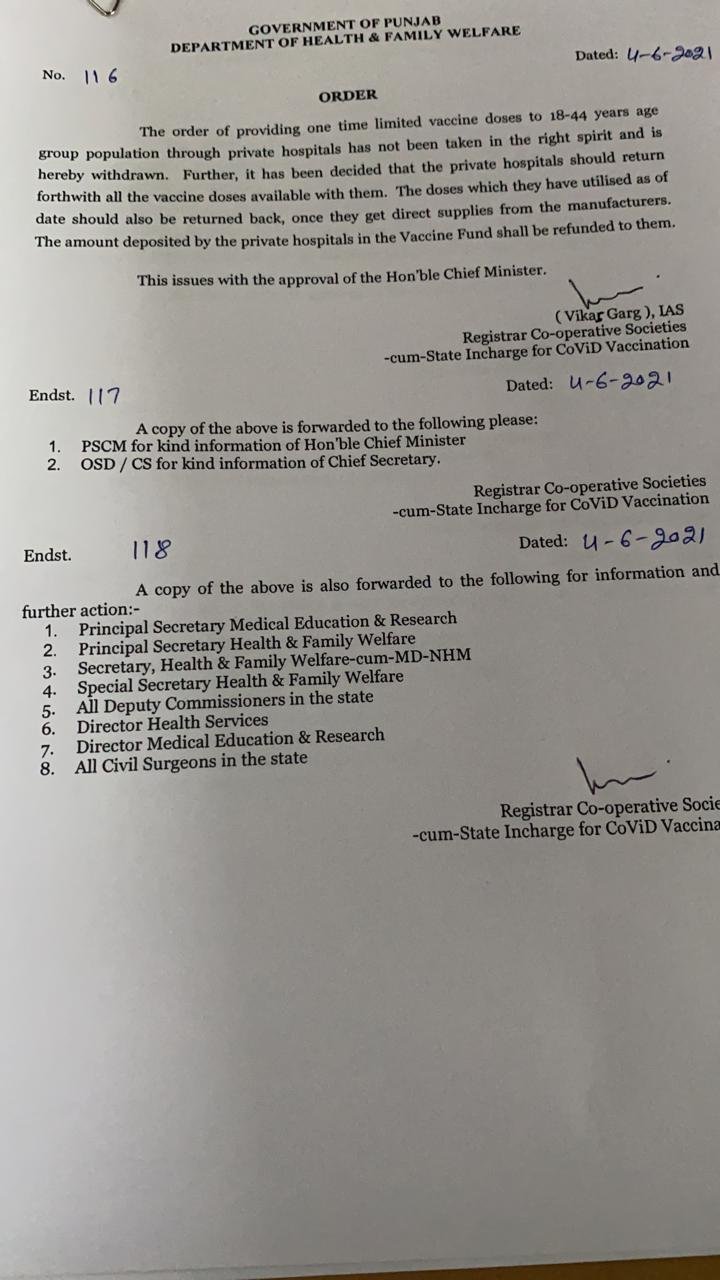 COVID-19 Vaccination: Amid controversy over COVID-19 vaccine being supplied to private hospitals in Punjab, government is withdrawing stock.