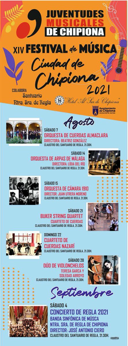 Muy buenas tardes a todos!, en el enlace adjunto tienen a su disposición la agenda cultural de Chipiona, esperando sea de su agrado. No olviden que en nuestra página web, turismodechipiona.com, disponen de más información de nuestra localidad.
aytochipiona.es/turismochipion… 
Un saludo