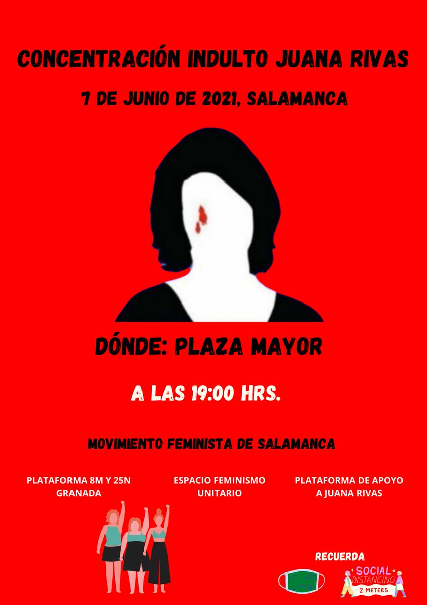 movfeministasa's tweet photo. 🔊ALERTA DIFUSIÓN

Convocamos, junto a otros territorios, concentración en apoyo a Juana Rivas. Aunque esto de la pandemia va mejorando mucho, os pedimos mantener la distancia de seguridad. 

Lunes 7 de junio
🕖 19:00 h.
🚩Plaza Mayor
#Salamanca 
#IndultoParaJuana https://t.co/zMe0nyjw0W