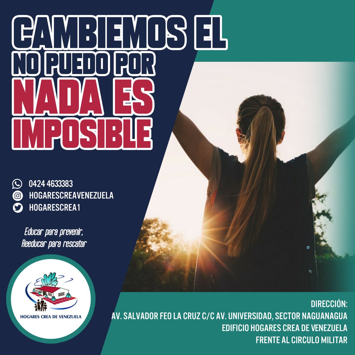 hogarescrea1's tweet photo. Siempre es posible cambiar. ¡Contáctanos! #hogarescrea #hogarescreadevenezuela #cambio #reeducacion #orientacion #sustanciasadictivas #positividad https://t.co/Jw8su4SOdw
