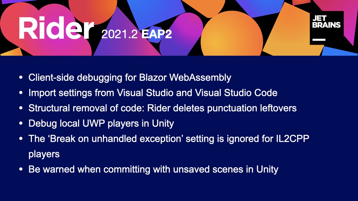 Rider 2021.1 EAP2 is here with client-side debugging for Blazor WASM, transfer of settings from VS and VS Code, structural removal of code, and more! Read more and download: jb.gg/199fq3