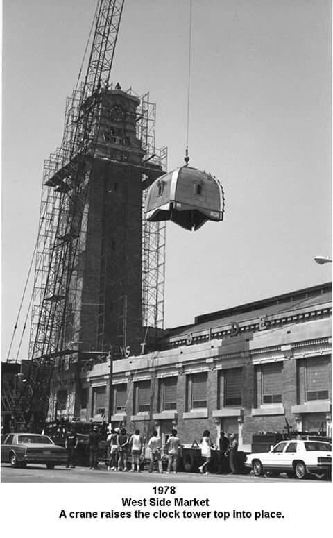 SkrticX's tweet image. 1978 @WestSideMarket A Crane raises Clock Tower Top into Place.