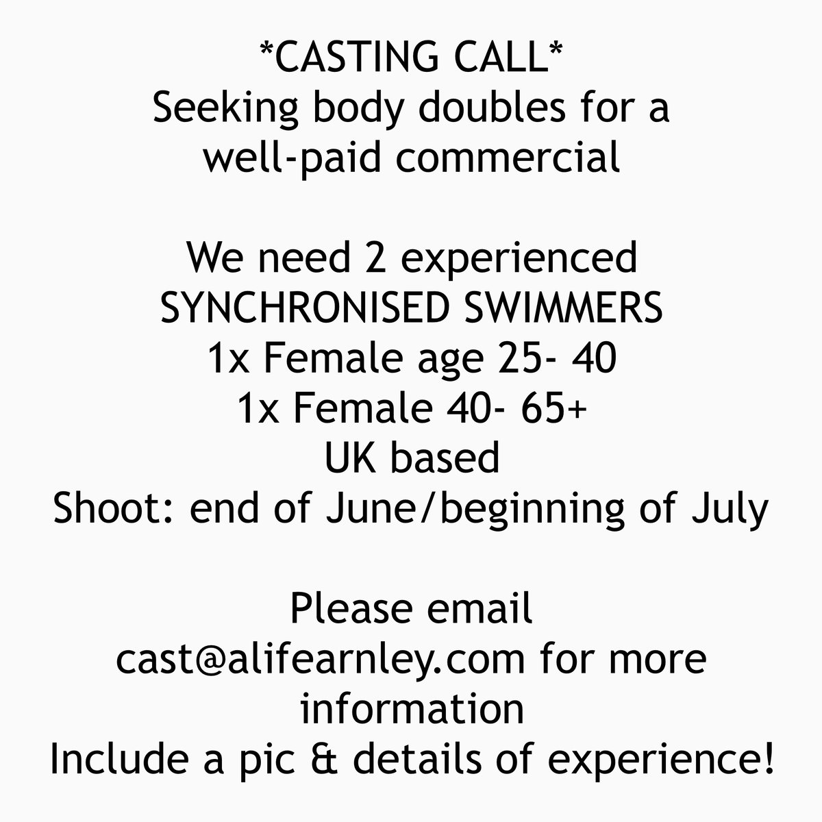 Ali_Fearnley's tweet photo. Please #share our casting for SYNCHRONISED SWIMMERS! Casting body doubles for a well-paid commercial.
📧: cast@alifearnley.com if interested.
#synchronisedswimming #synchronisedswimmer #uksynchronisedswimmer
#CDA #commercialcasting #uksynchronisedswimming #synchronisedswimminguk https://t.co/IcxZrGk3XF