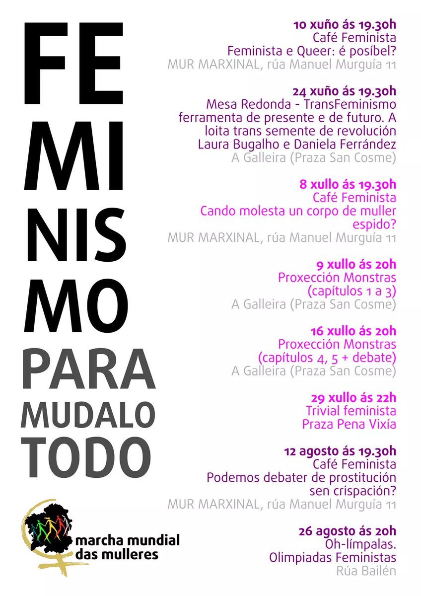 MMMGaliza's tweet photo. 📢Ourense
Feminismo 365 días no ano! A coordenadora local de Ourense recolleu neste cartaz as súas actividades de xuño, xullo e agosto. Botade un ollo e participade! 

#Ourense #FeminismoParaMudaloTodo #FeminismoParaVivir #OcioFeminista https://t.co/lnsRD3yHDe