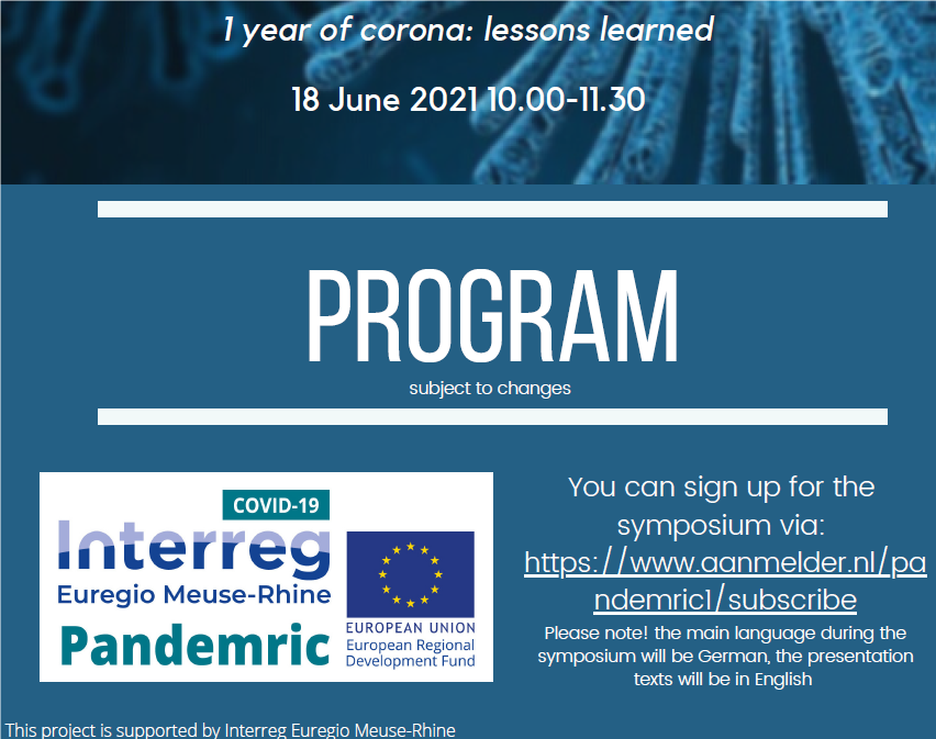 ITEM_UM's tweet photo. 🗓️18 June 2021 | 10.00-11.30hrs 
#PANDEMRIC Mini-symposium (Online) #️⃣2⃣
‘1 year of corona: lessons learned’
Main language: 🇩🇪

Let's reflect on 1⃣ year of the #corona pandemic in the @EuregioMR 🇧🇪🇳🇱🇩🇪
ℹ️ Focusing on the German perspective

Join us via:
✍️ https://t.co/s3gojfWH9p https://t.co/homkFFYWkn