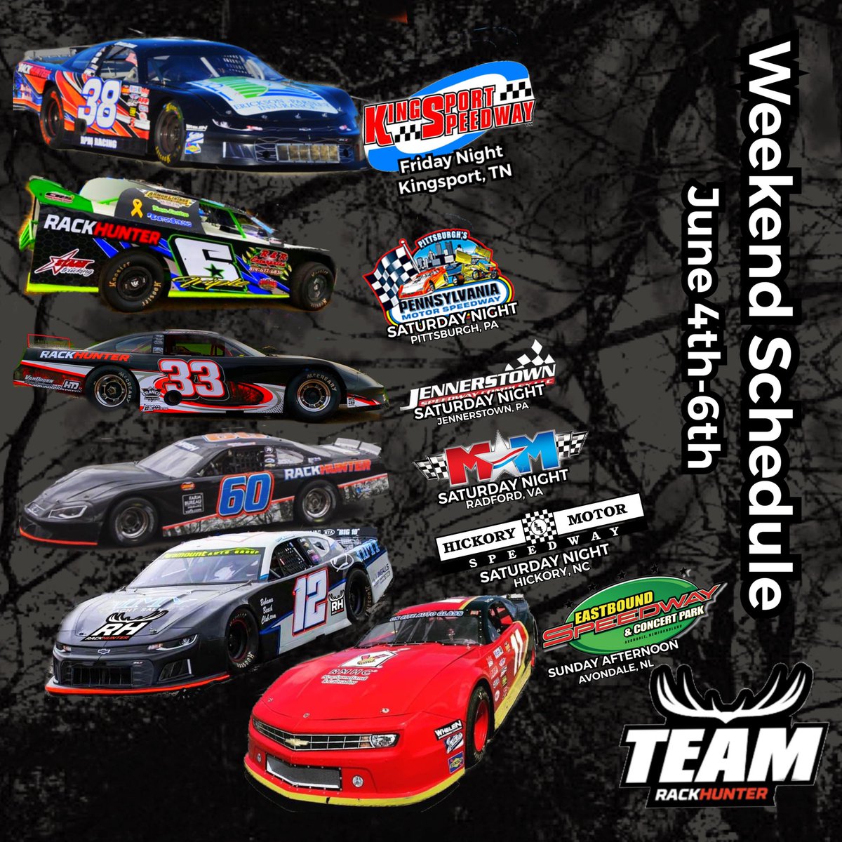 RackHunterCamo's tweet photo. Huge weekend of racing for everyone on #TeamRackHunter! 

Brayden Goddard - @KpSpeedway  

Michael Miller - Pittsburgh's Speedway

@ARacing33 - @jtownspeedway 

Tyler Hash Racing - @motormile 

@MasonMaggio1 - @hickoryspeedway 

Philip Fowler - @EastboundPark 

 #TrophyHunting https://t.co/vNjtbL5U1R