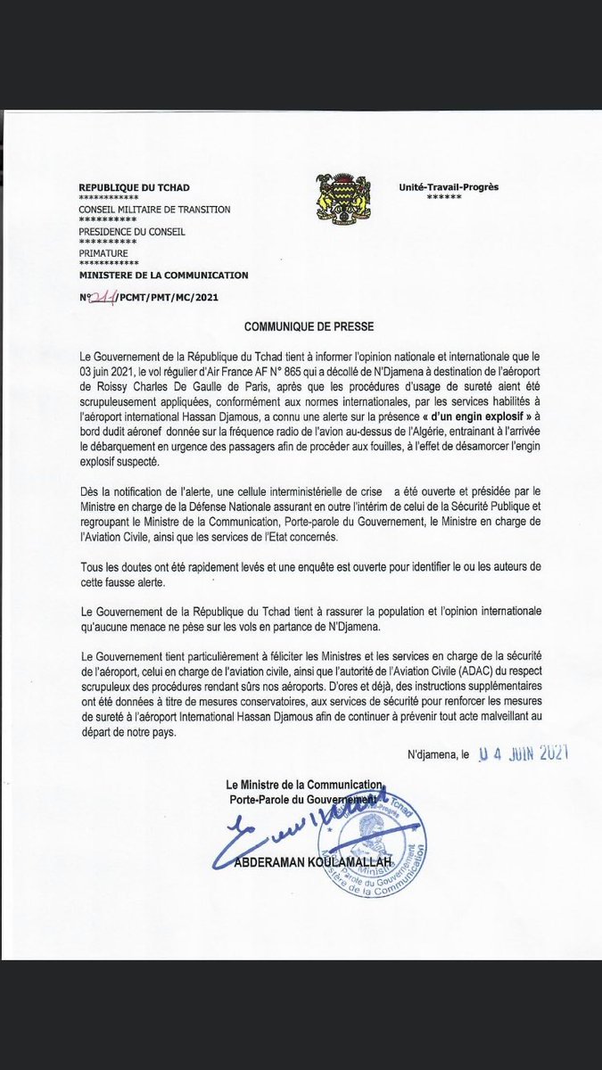 Aurelie_Bazzara's tweet photo. #Tchad Suspicion d’un engin explosif sur le vol N’Djamena-Paris, « une enquête est ouverte » affirme le @com_gouv_td pour « identifier le/les auteurs de cette fausse alerte ». https://t.co/mhEWtyZxPT
