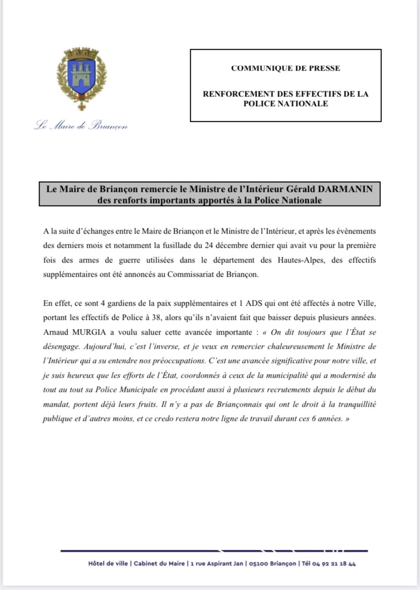 ArnaudMurgia's tweet photo. Je remercie chaleureusement @GDarmanin qui a su entendre la situation difficile de notre ville et octroie 5 effectifs supplémentaires à notre commissariat. L’Etat doit être fort, partout. #BrianconAvance
@PoliceNat05 @PoliceNationale https://t.co/rOm5ffRlYV
