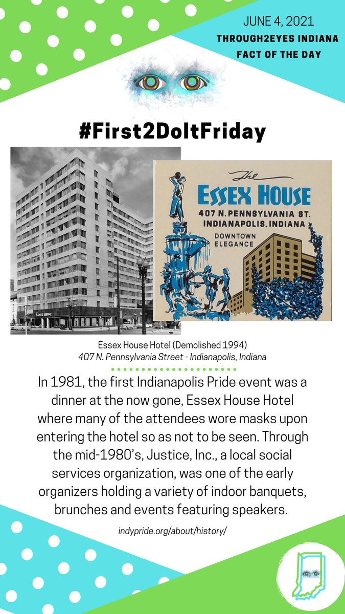 Through2Eyes's tweet photo. #First2DoItFriday: In 1981, the first Indianapolis Pride event was a dinner at the now gone, Essex House Hotel where many of the attendees wore masks upon entering the hotel so as not to be seen. https://t.co/90GgIUYiEm
