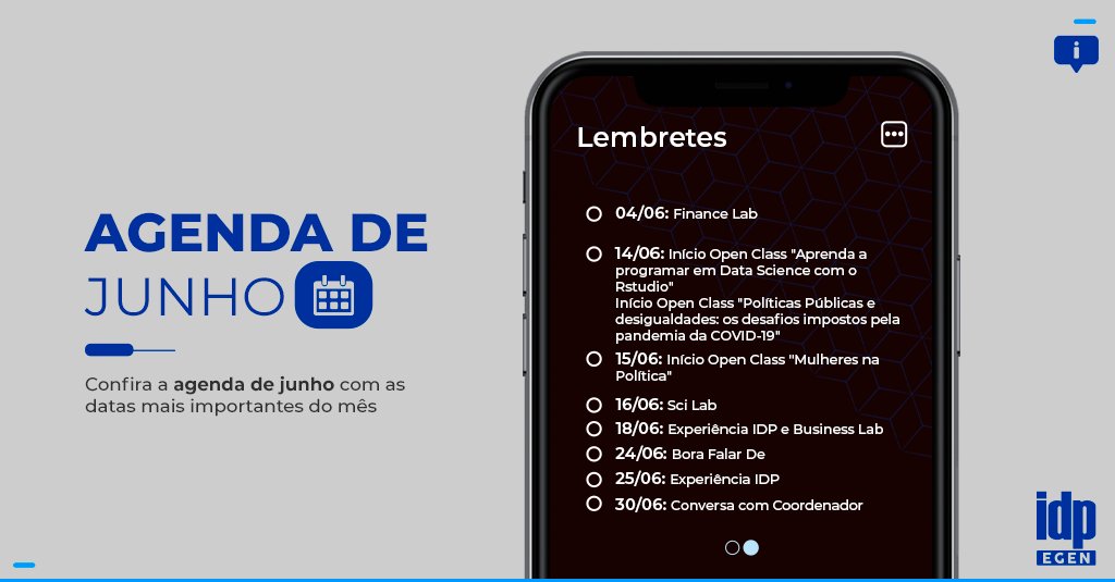 O 6º mês do ano chegou com tudo! 📆

👉 Confira as nossas datas e eventos para este mês.

#sejaIDP #EGEN