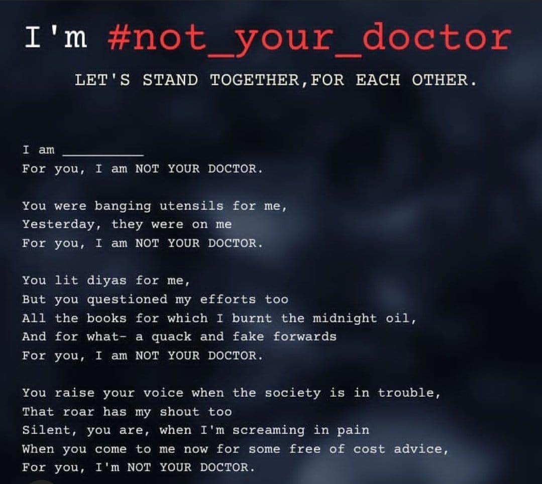akhilsarthak17's tweet photo. Doctors are here to serve not to suffer. 

#StopViolenceAgainstDoctors
#iStandWithDoctors
#savedoctors 

#akhilsarthak 
#akhilians https://t.co/wFgpbDJuR5