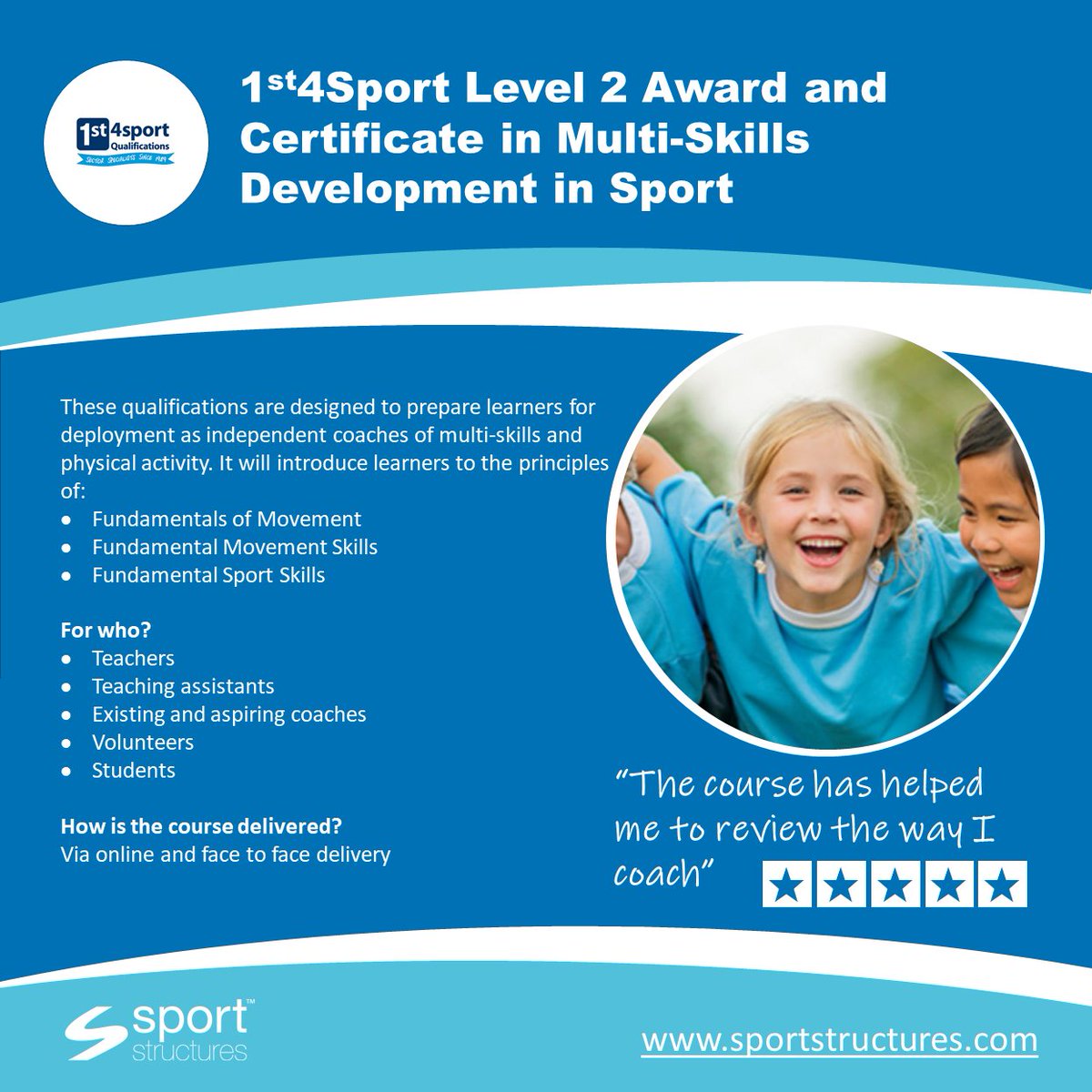 SportStructures's tweet photo. Are you a coach wishing to specialise in coaching children and young people? The Level 2 Award in Multi-Skills Development might be for you. Now delivered online and through face to face sessions https://t.co/3S3CkBGcgB https://t.co/y9SbBYdxsu