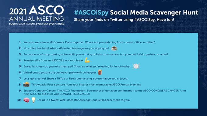 VivekSubbiah's tweet photo. 🚨⭐️ @ASCO #ASCO21 fever sets in. The #ASCOiSpy social media scavenger hunt is back! Countdown begins...
@ShaalanBeg @IshwariaMD @DrChoueiri @AmandaBinDC @LucaDezzani @tmprowell @weldeiry @JackWestMD @shilpaonc @ErikaHamilton9 @DrSGraff @ndenduluri1 @Aiims1742 @OncoAlert https://t.co/PIrOGfI5kl