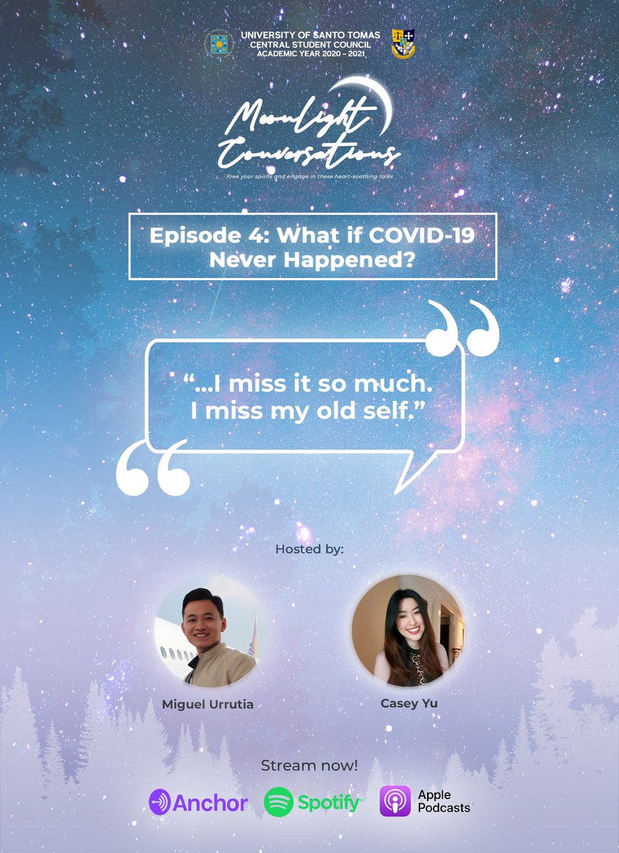 ust_csc's tweet image. With over a year under quarantine, we reflect on the what-could-have-been if the pandemic did not happen.

Listen to the final episode of #MoonlightConvosWithCSC!

Spotify: spoti.fi/2SXrM5z  
Apple Podcasts: apple.co/3uMM3rz

#CSCTranscendingBorders
#CSC2020Vision