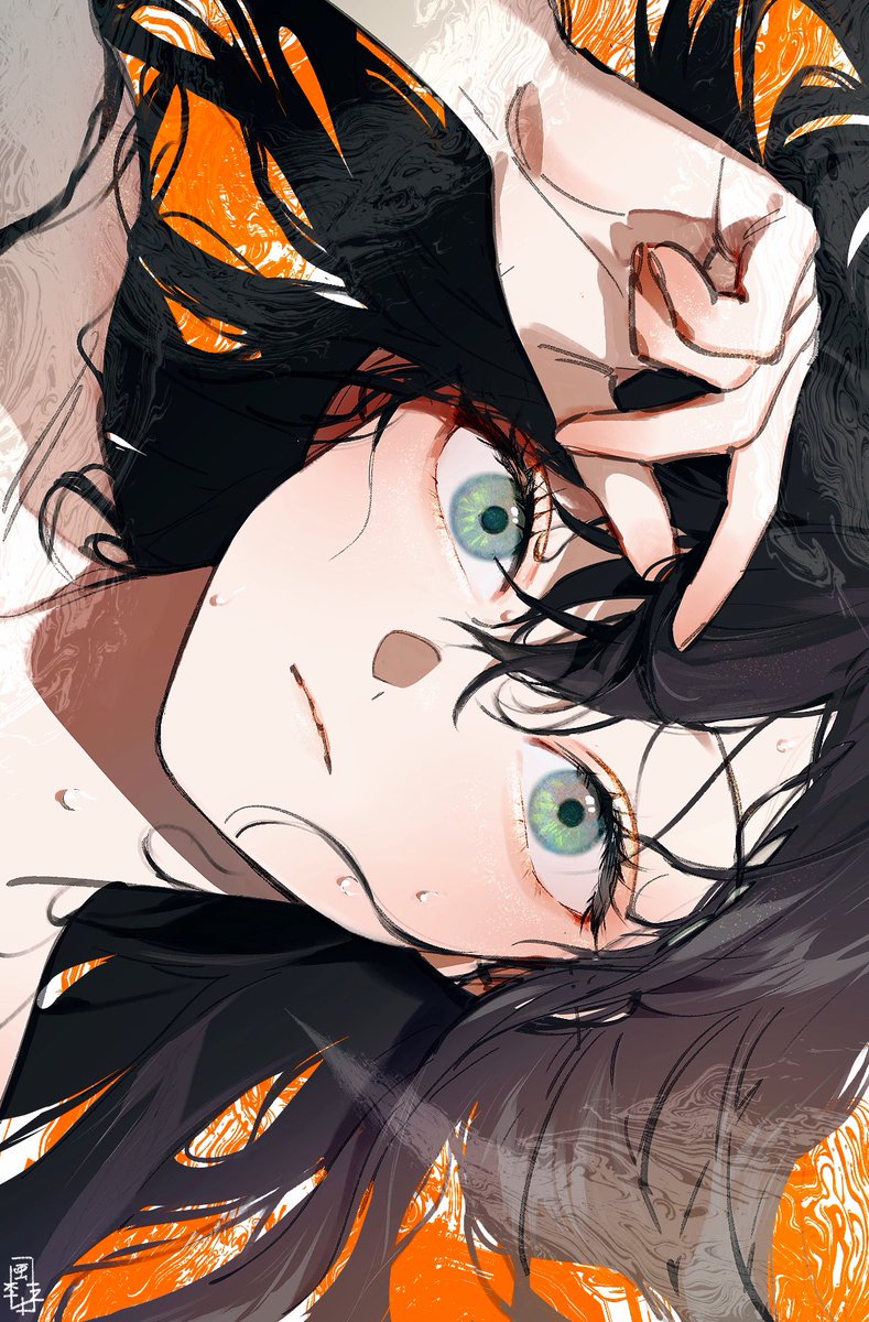 1girl solo black hair looking at viewer orange background sideways long hair  illustration images