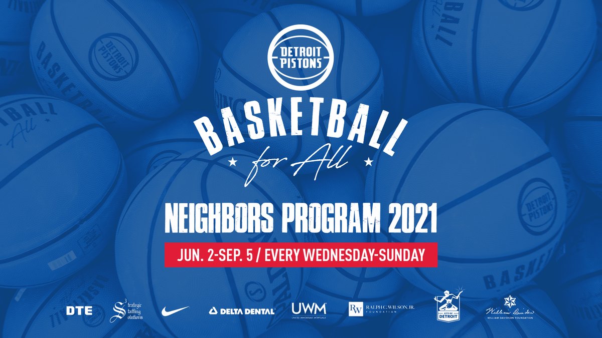 With funding from <a href="/rcwjrf/">Ralph C. Wilson, Jr. Foundation</a> &amp; William Davidson Foundation, the #Pistons &amp; <a href="/CityofDetroit/">City of Detroit</a> announced the launch of an enhanced 14-week ‘Pistons Neighbors Program’ beginning June 2nd to provide free activities for children &amp; families across 5 city parks. 

🔗: pistons.com/neighbors