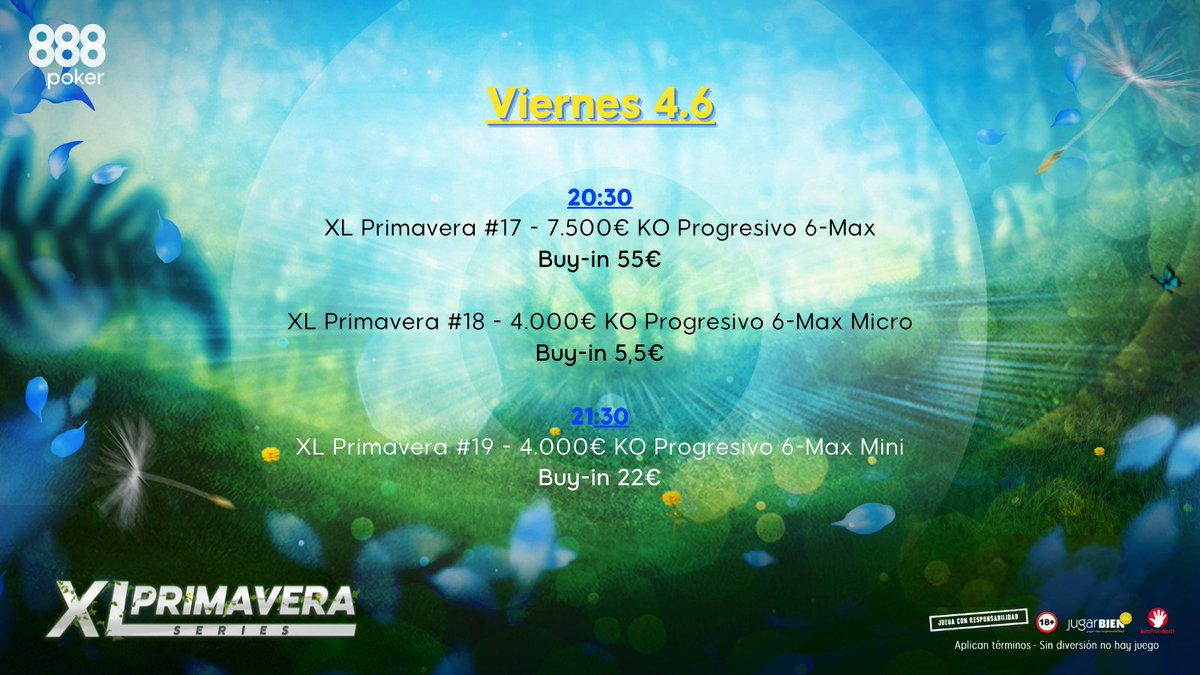 888pokerSpain's tweet photo. ¿Preparado para 💥 atizar a tus rivales?

Hoy toca 🥊 #KOProgresivo en las 🌼#XLPrimaveraSeries

⚔ 20:30 KO Progresivo 6-Max 💳 55€
⚔ 20:30 KO Progresivo 6-Max Micro 💳 5,5€
⚔ 21:30 KO Progresivo 6-Max Mini 💳22€ https://t.co/OcChOsk5Kv
