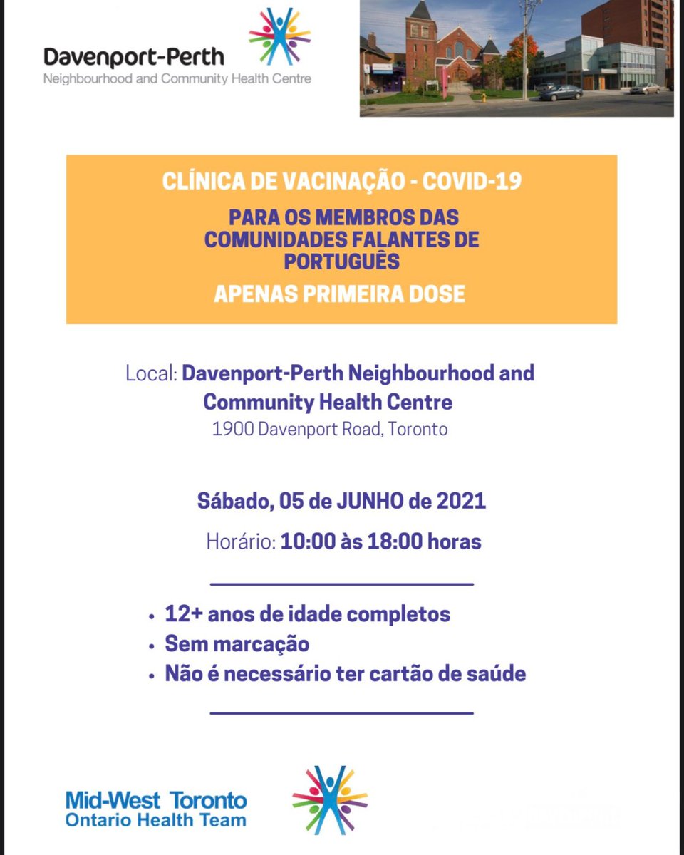 anabailaoTO's tweet photo. We have been working with @DPNCHC to organize a vaccination clinic for members of Portuguese-speaking communities on June 5. Portuguese-speaking staff will be on-site, as well as music for those waiting! Health cards are not required. Please share this with our community! https://t.co/mr5cdYzb7v