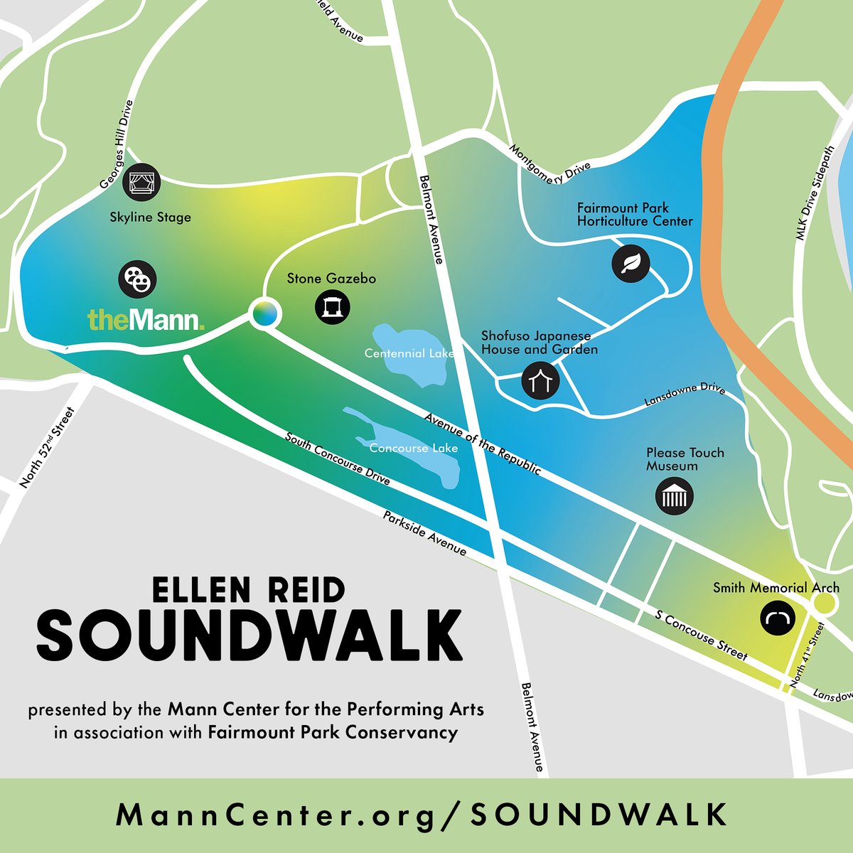 We've teamed up with @myphillypark for an interactive sound art installation: #EllenReidSoundwalk. Recorded by musicians of @philorch & the SOUNDWALK Ensemble, Ellen Reid's compositions were meticulously programmed for Fairmount Park and the Mann’s campus. MannCenter.org/SOUNDWALK