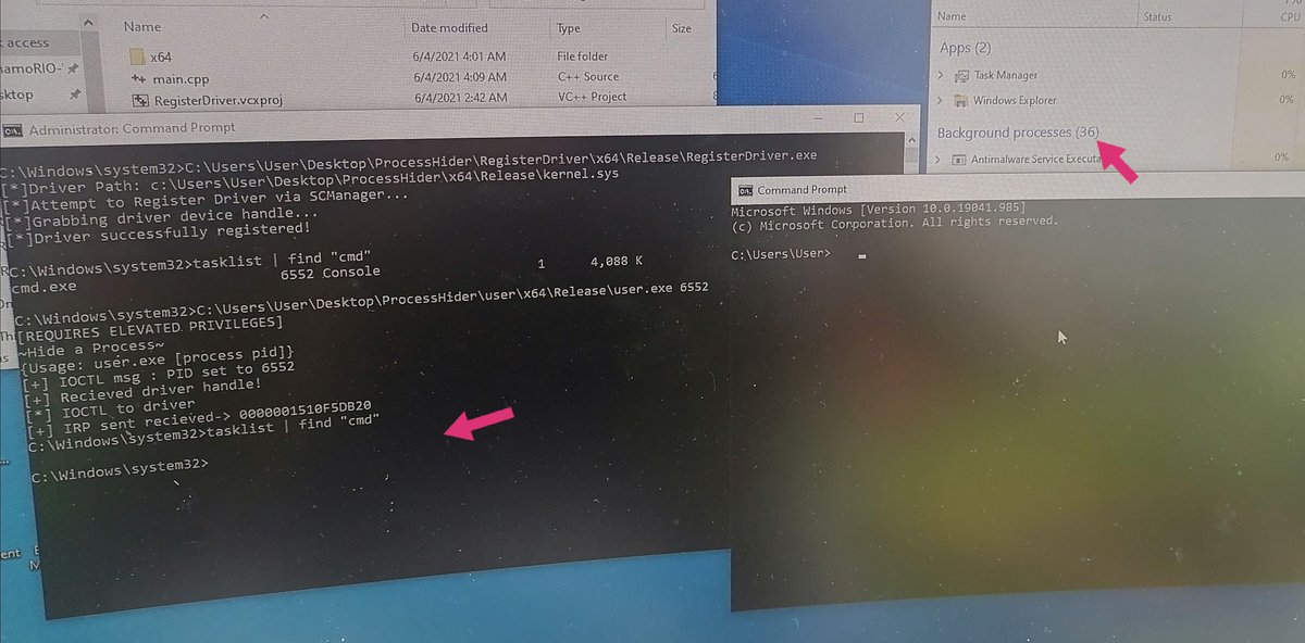 Ein weiterer Treiber auf meiner virtuellen Windows10Build1904 Machine. Durch modifizieren der verlinkungen der ActiveProcessLinks-Felder wird ein Process System weit versteckt. #cybersecurity