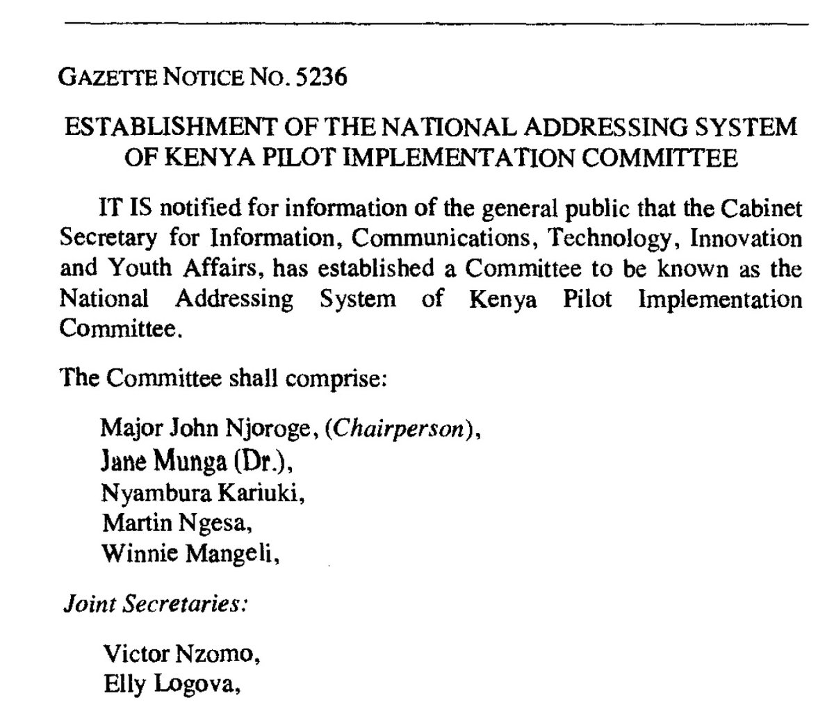 NCS_Kenya's tweet photo. TODAY: The Cabinet Secretary @MoICTKenya has established a #NationalAddressingKE System Pilot Implementation Committee. This pilot will inform work on the draft policy &amp; Bill available here: https://t.co/YMl5M15k3q @NMS_Kenya @CA_Kenya @Posta_Kenya @NCS_Kenya @jane_munga @vbnzomo https://t.co/pPRf4bHZAL