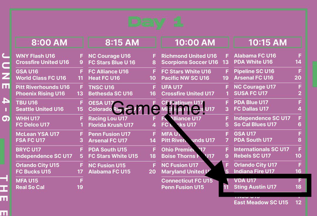 It’s Game time for Sting Austin ‘17s! @theECNL <a href="/EcnlTexas/">ECNL Girls Texas Conference</a> <a href="/KaleiAurit/">Kalei Aurit</a> <a href="/miche5davidson/">Michelle Davidson</a> <a href="/LoehrGrace/">Grace Loehr</a> <a href="/grass_s99/">grace starr</a> <a href="/emilyrangel_04/">Emily Rangel</a> <a href="/EmmaPayton10/">Emma Payton 2023 GK</a> <a href="/TooleMckenna/">McKenna O’Toole</a> <a href="/erb_lily/">Lily Erb</a> <a href="/AnnikaFredell/">Annika Fredell</a> <a href="/peyton_ferrell/">Peyton Ferrell</a> <a href="/Addie35193233/">Addie</a>