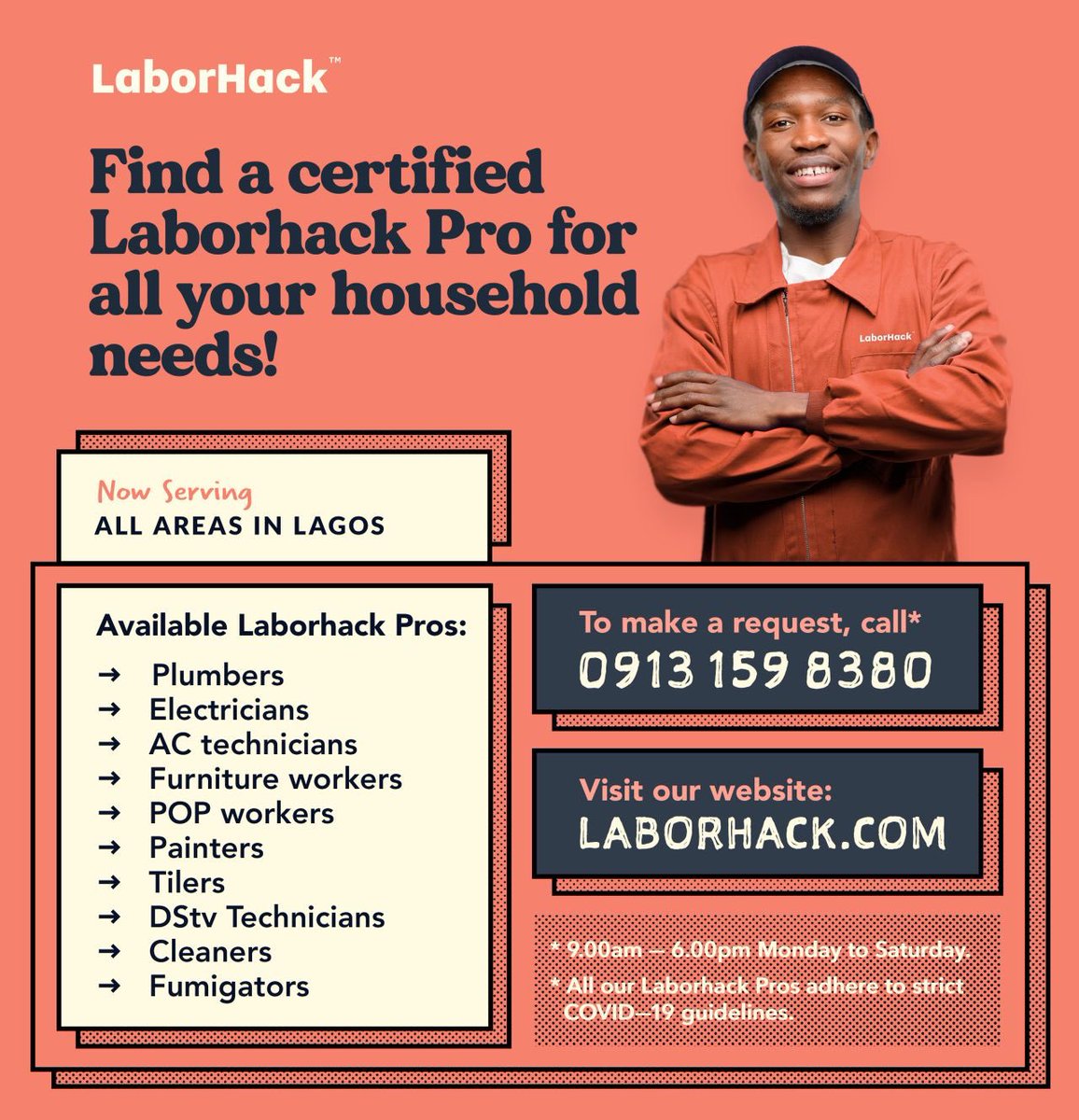 Hey guys! Laborhack.com launched into beta today in Lagos.

It's a platform for finding *trained* and *vetted* artisans on demand.

Laborhack artisans clean up after themselves, and Laborhack will rectify the issue for free if the first artisan did a poor job.

Pls RT.