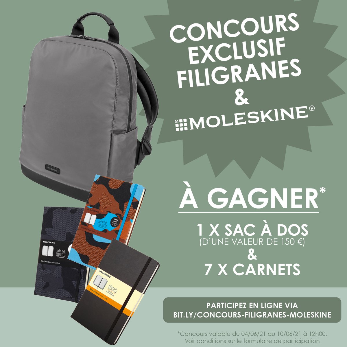 SUPER CONCOURS en partenariat avec @moleskine 🎁 Pour participer, inscrivez-vous via bit.ly/concours-filig… Le concours est valable jusqu’au jeudi 10 juin à 12h. Bonne chance !