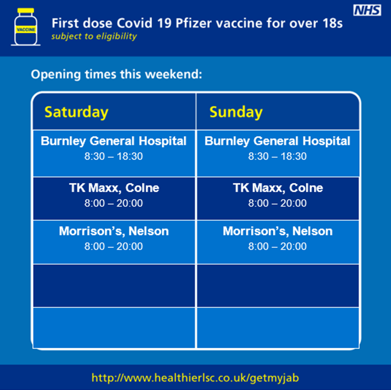 OPEN ALL THIS WEEKEND! In addition to these sites, our mobile #COVIDVaccination bus will be in Rawtenstall town centre tomorrow from 10am and at Merkazie Jamia Ghosia Mosque, on Abel Street in Burnley from 10am on Sunday. @ELHT_NHS @burnleycouncil @HealthierLSC @RossendaleBC