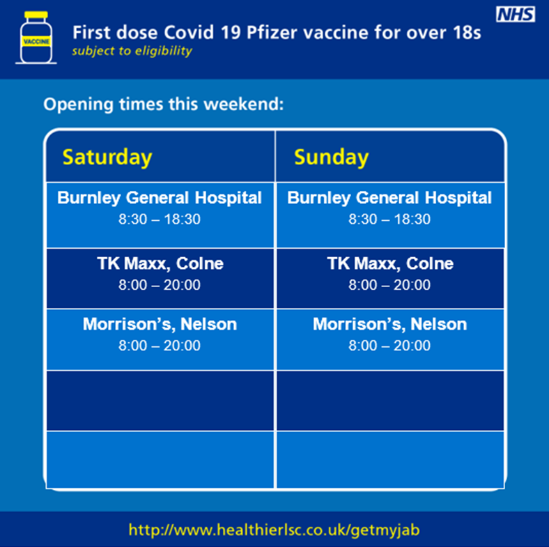 EastLancsNHS's tweet photo. OPEN ALL THIS WEEKEND! In addition to these sites, our mobile #COVIDVaccination bus will be in Rawtenstall town centre tomorrow from 10am and at Merkazie Jamia Ghosia Mosque, on Abel Street in Burnley from 10am on Sunday. @ELHT_NHS @burnleycouncil @HealthierLSC @RossendaleBC https://t.co/ARxOfqmZNV