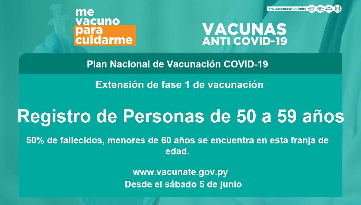 msaludpy's tweet photo. #ATENCIÓN | Vacunación #COVID19 

✔️ Sábado 05 de junio, se amplía registro de personas de 50 a 59 años.

➡️ El registro se realiza desde la web https://t.co/NLqTkYWSAG https://t.co/P0AEXsqgqy