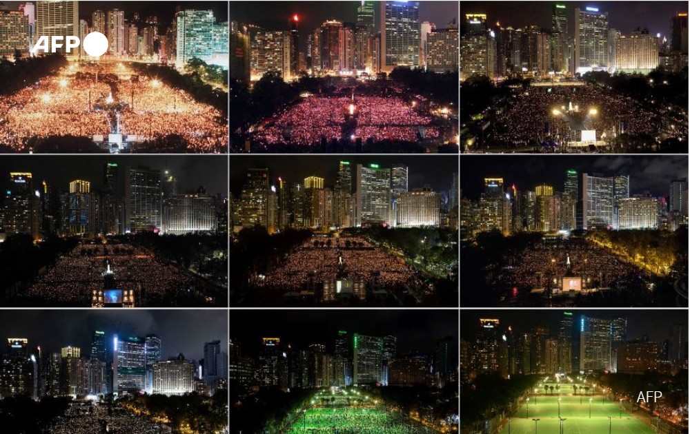 Powerful combo picture has just hit the @AFP wire. Shows Tiananmen anniversary vigils in Hong Kong's Victoria Park in 1990, 1999, 2004, 2011, 2015, 2018, 2019, 2020 and... tonight