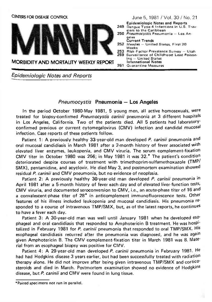 darrenabrown's tweet photo. 40 years ago tomorrow, June 5th 1981, @CDCgov published their now infamous morbidity & mortality weekly report (MMWR) 🧵 https://t.co/zBd4QS6JAu https://t.co/7GLodcjyFg