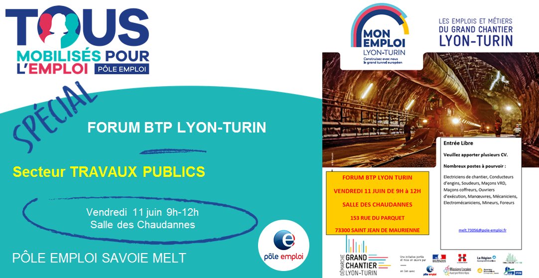[TousMobilisés] pour le grand chantier #LyonTurin avec la plateforme @poleemploi_ara #Savoie #MELT
Prochain rdv le 11 juin pour un #jobdating à @Stjeanmaurienne autour des #métiers des travaux publics
Entrée libre de 🕘 à 🕛
#AvecPôleEmploi #emploi #Maurienne #MauriennisezVous
