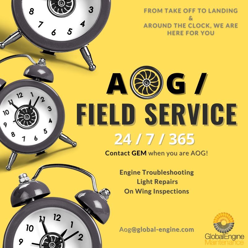 Our AOG / Field Service – 24 / 7 / 365 
From Take Off to Landing &amp; Around the Clock, We are here 
for You! Contact GEM when you are AOG 
📩 aog@global-enggine.com
⚙Engine Troubleshooting
💡Light Repairs
🔎On Wing Inspections
#Aviation #Airlines #Aircraft