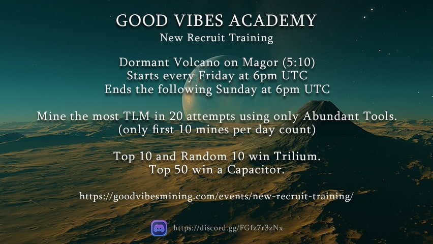 Have you been dropped onto a planet in the middle of nowhere with just a shovel? Then pack up your rig and head over to the Dormant Volcano on Magor at coordinates 5:10 for a 2-day mining event where you can win capacitors and TLM!  Starts in 5 hours!
goodvibesmining.com/events/new-rec…