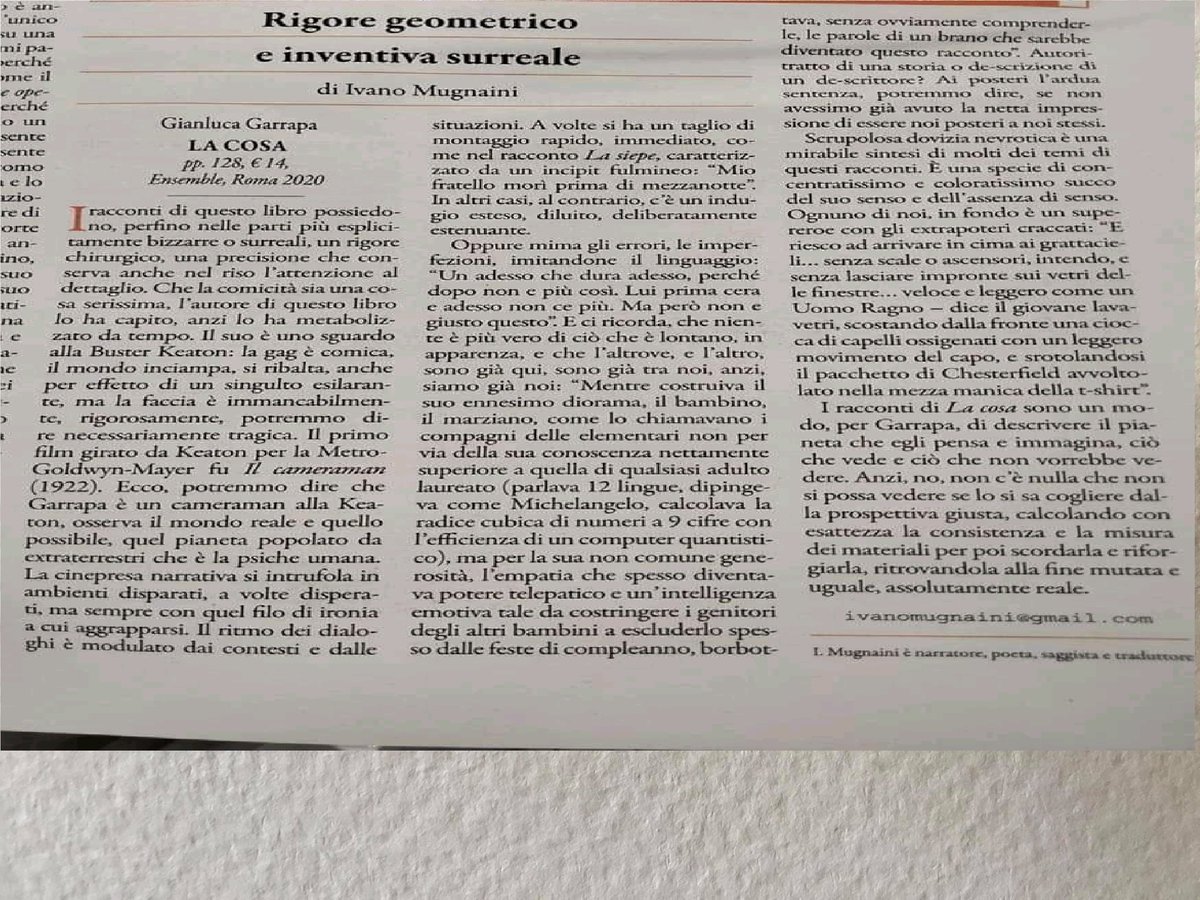 ivanomugnaini's tweet photo. Sul numero di giugno de L'Indice dei Libri del Mese una mia recensione a 'La Cosa' di Gianluca Garrapa e tante altre belle cose, ossia bei libri

@LIndiceOnline https://t.co/E022mF4nE5