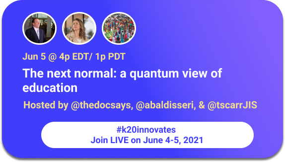Very excited to be joining a 36 hour twitter spaces conference on the future of education.  Thanks <a href="/VritiSaraf/">Vriti Saraf 🌐 3.0</a> and the who #k20innovates team for your inspired leadership.