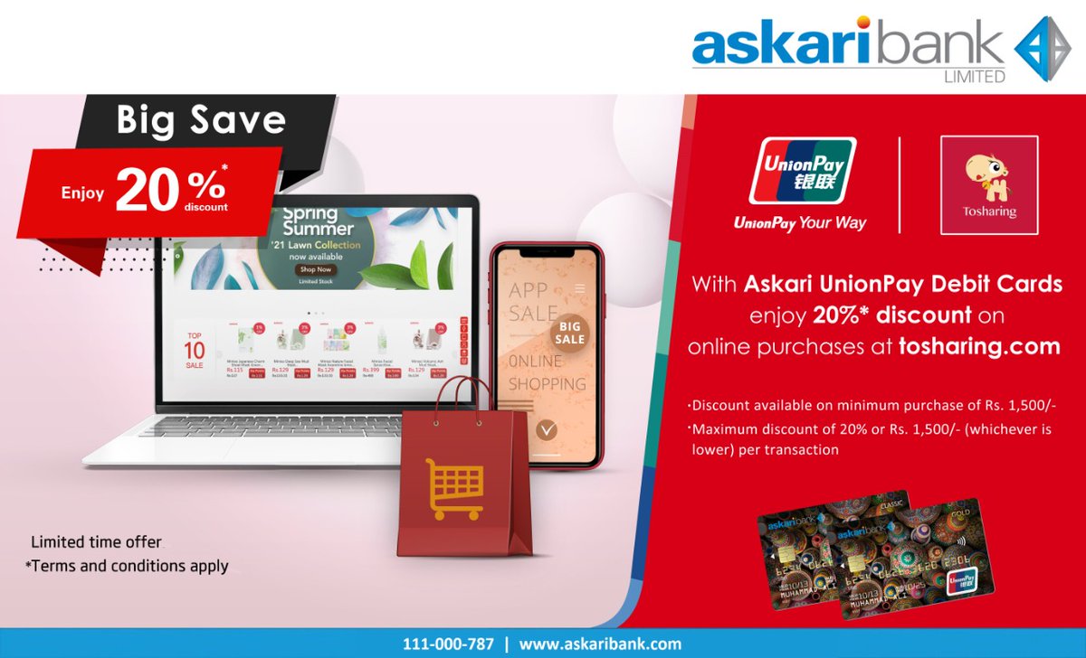 Askari_Bank's tweet photo. With Askari UnionPay Debit Cards enjoy 20% discount while shopping online at https://t.co/IFzUezHaWW
For details visit: https://t.co/YFwJnvyFX9
#Tosharing #Discount #AskariBank https://t.co/sQglCqVcyH
