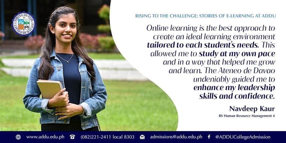 AdduAdmission's tweet photo. RISING TO THE CHALLENGE: Stories of E-Learning at #ADDU 

“Online learning is the best approach to create an ideal learning enviroment, tailored to each student’s needs.”

#ADDUOnline
#MyAdDUStory
#WeLearnAsOne https://t.co/G6iGTZgsbB