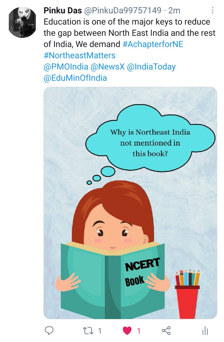 vupati_bgohain's tweet photo. Northeast India needs a representation in NCERT. Knowledge can erase gap. @ncert @EduMinOfIndia @PMOIndia @himantabiswa @Neiphiu_Rio @PemaKhanduBJP @tnec_IN @ShekharGupta @IndianExpress @republic 
#NortheastMatters #AchapterforNE https://t.co/T9bVKIVhBE https://t.co/v3YHv6ra2B