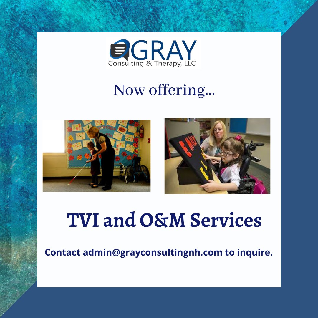 GrayTherapy's tweet photo. Now Offering TVI and O&amp;M Services for Summer and 2021-2022 School Year!
#TVI #O&amp;M

Photos: Bottom left COMS and student working on cane skills, right TVI and student with CVI working on letters on a slant board. https://t.co/50iThgmPvA